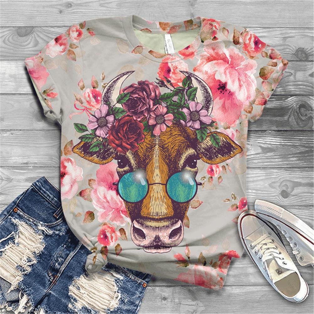 Women's T-shirt Short Sleeve Summer Everyday Animation Horse Digital 3D Print Sexy Diagonal Collar Top Loose Female Pullover