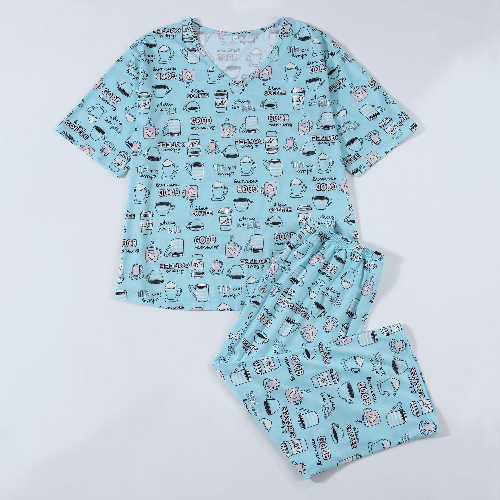 

Женские пижамные комплекты с короткими рукавами, V-образным вырезом, принтом бабочек, эластичным поясом и девятью точками, штаны, комплект из 2 предметов XXXL небесно-голубой