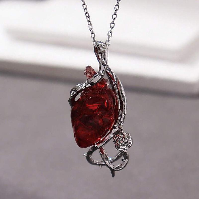 Halloween Gothic Roter Kristall Blume Dornen Anhänger Halskette für Damen Herren Punk Liebesherz Skelett Totenkopf Choker Schmuck
