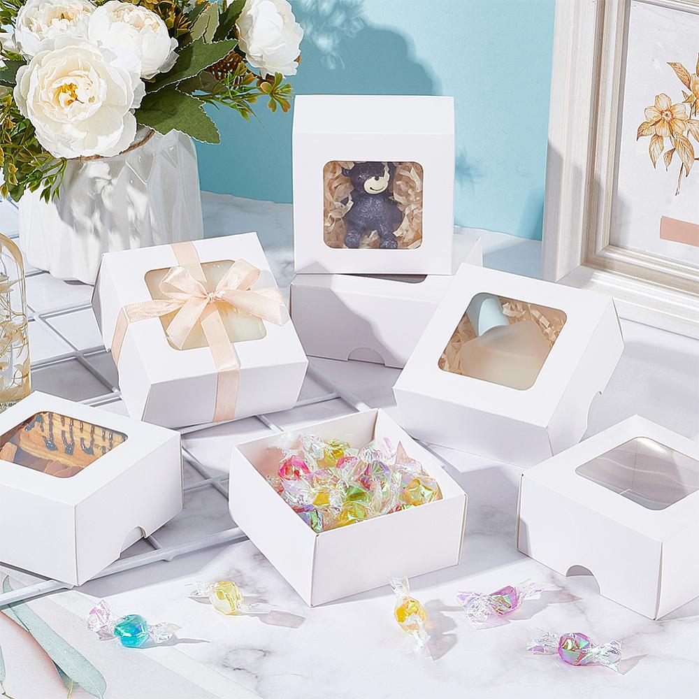 20pcs Square Kraft Paper Storage Gift Boxes Visible Winbow Gift Packaging Case White 8x8x4cm