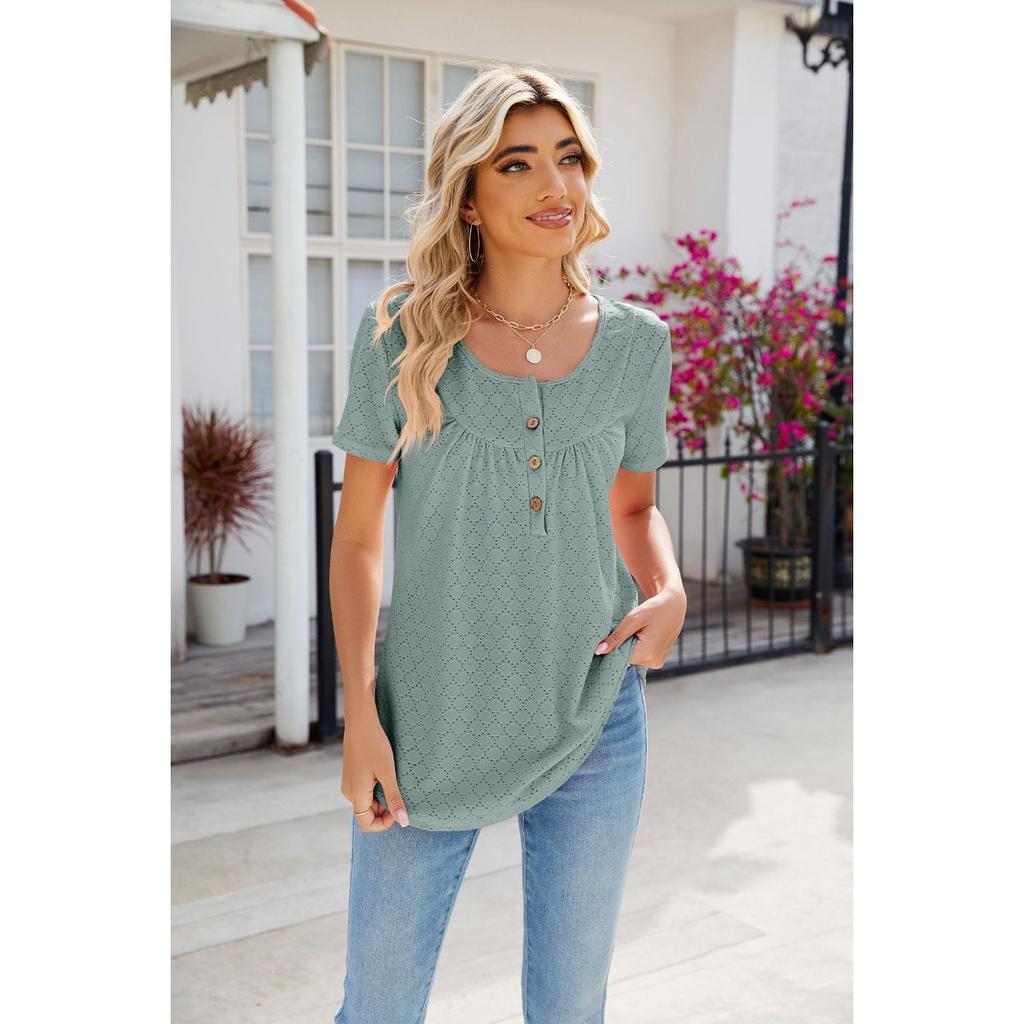 Summer New Solid Color Crew Neck Buttoned Loose Short Sleeve T-Shirt for European and American Cross-border Trade Amazon Independent Station