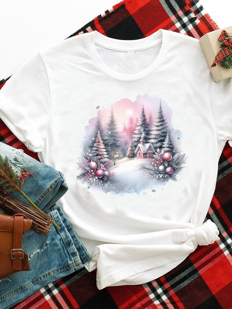 (Asian Size) merry Christmas new year o-neck Women's Top T Clothing Print lovely trend cute Short Sleeve T-shirts Fashion holiday Graphic Tee