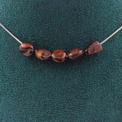 Stones and Minerals. Necklace of 5 Red Tiger's Eye Beads from Brazil. Steel Chain Necklace Women, Men. Customizable Size.