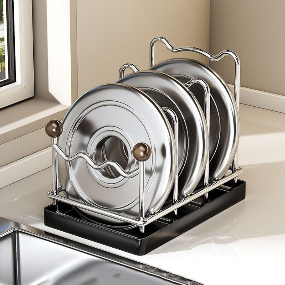 Practical Multi Layer Pot Lid Storage Rack Rustproof Vertical Cutting Board Holder Drain Large Capacity Pot Lid Holder Cabinet