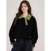 Women's Plus Size Fleece Lined Sweater Oversized Black Green Contrast Polo Collar Casual Warm Pullover Sweatshirt