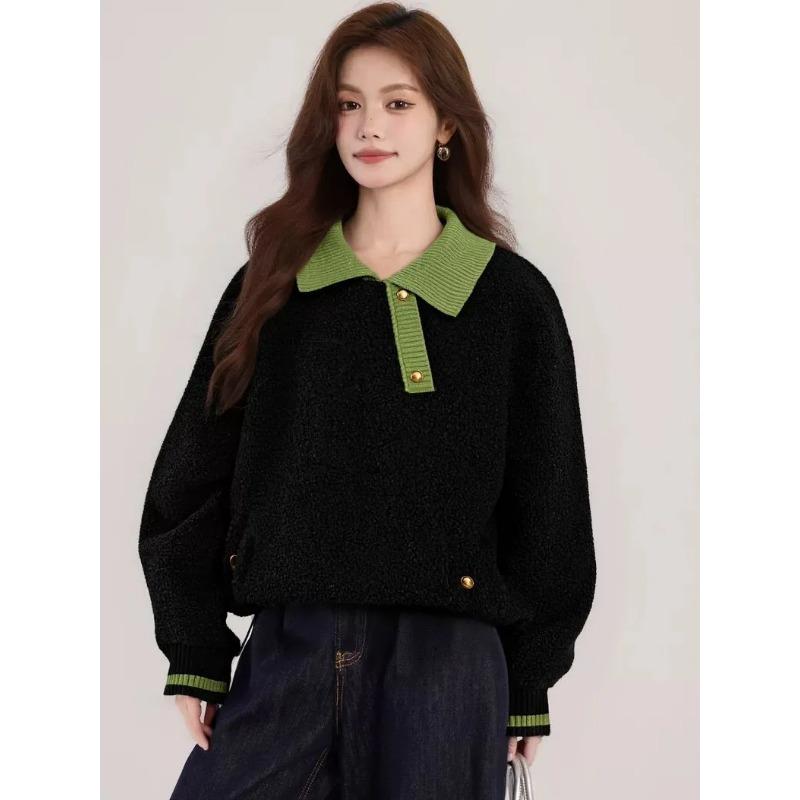 

Women s Plus Size Fleece Lined Sweater Oversized Black Green Contrast Polo Collar Casual Warm Pullover Sweatshirt L чорний