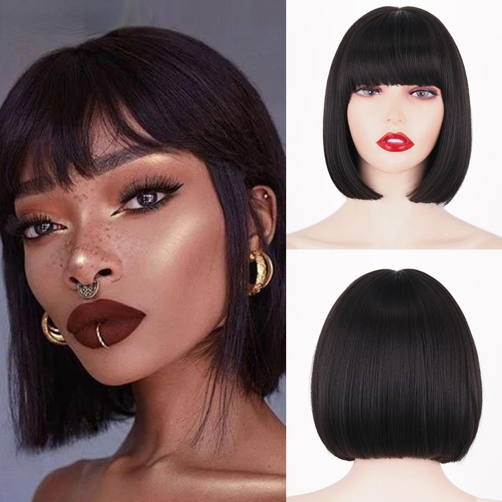 MERISIHAIR Short Bob Wig with Bangs Pure Color Black Brown Wig for Women Synthetic Wigs for Lolita Party Cosplay Daily Use