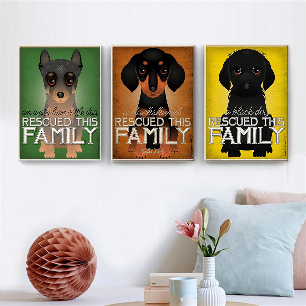 Hanging Wall Art Retro Dog Poster Canvas Painting Rescued This Family Animals Wall Pictures for Living Room Home Decor Kids Gift