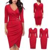 Solid Color Women V Neck 3/4 Sleeve High Waist Belted Irregular Pencil Dress