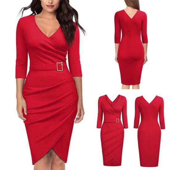 Solid Color Women V Neck 3/4 Sleeve High Waist Belted Irregular Pencil Dress