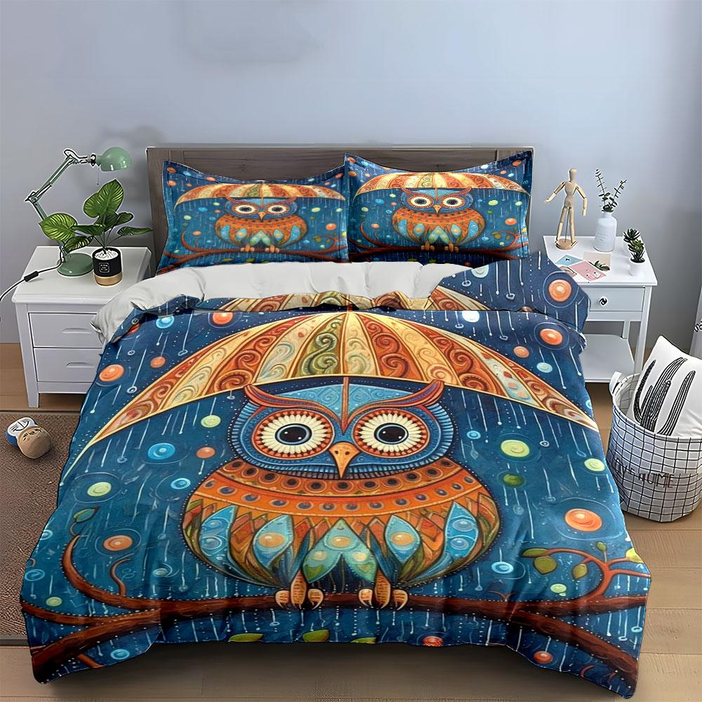 Colorful owl under umbrella. Bedding sets Duvet cover sets Duvet covers Pillowcases(1*Duvet Cover 2*Pillowcases without duvet insert)