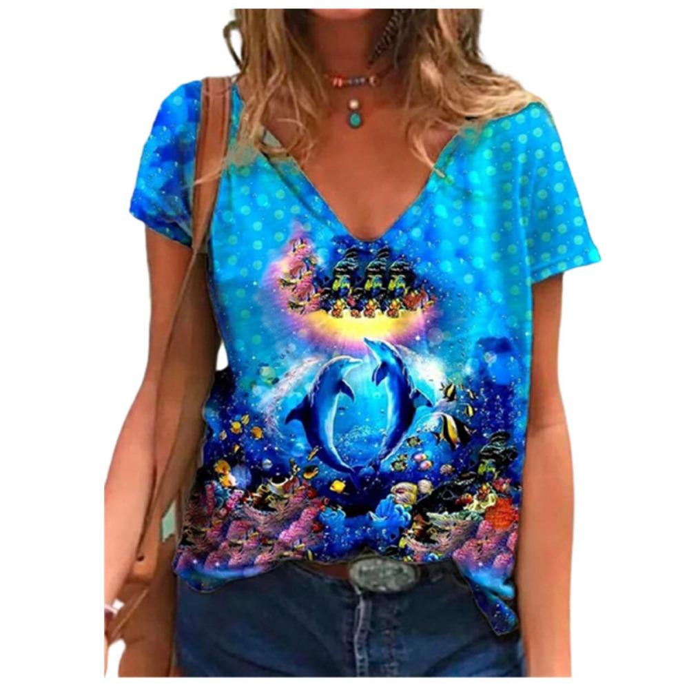 3D Marine Animal Print Women's Short T-shirt Summer 2025 Fashion Street Fashion Women's T-shirt Casual V-neck Loose Top
