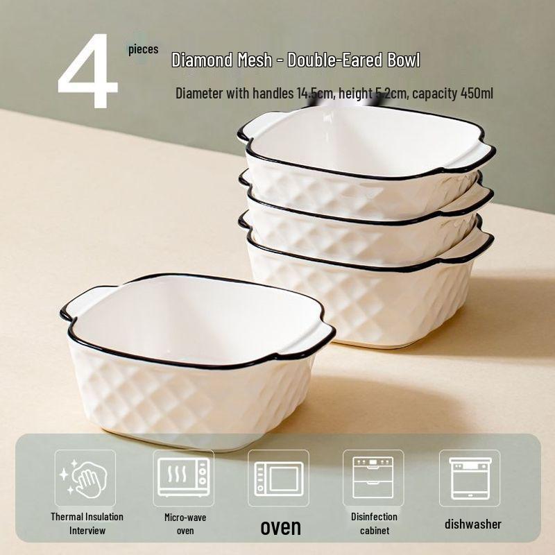 Double-Ear Ceramic Rice & Soup Bowl, Microwave-Safe, Anti-Scald, Thick Design