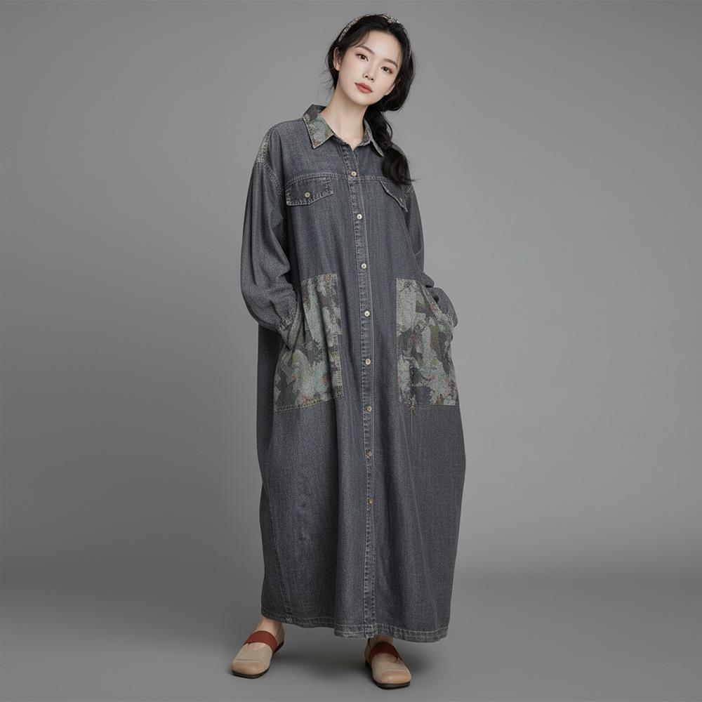 

Johnature Women Vintage Dress Spring Turn-down Collar Long Sleeve Button Patchwork Pockets A-Line Dress One Size