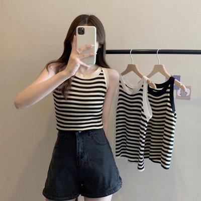 Damen Gestreiftes Ärmelloses Gestricktes Sommer Tanktop - Figurbetont, Süß und Niedlich