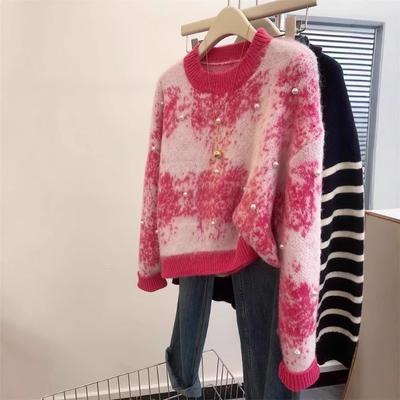 Contrast Color Tie-dye Pink Crew Neck Sweater Women's Early Autumn New High-end Feeling Super Good-looking Nail Beads