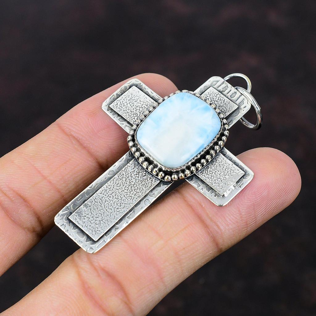 Larimar Gemstone Pendant Cross Pendant 925 Sterling Silver Pendant Handmade Pendant Natural Larimar Jewelry Birthstone Pendant Gift For Him