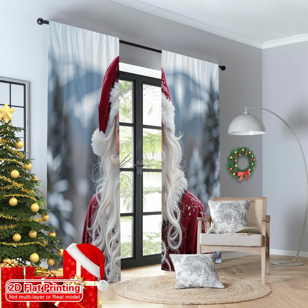 2pcs 2D Flat Printing Merry Christmas Curtain Santa Claus Painting Gifts Snow Polyester Without Electricity 0 Perfect for Photo