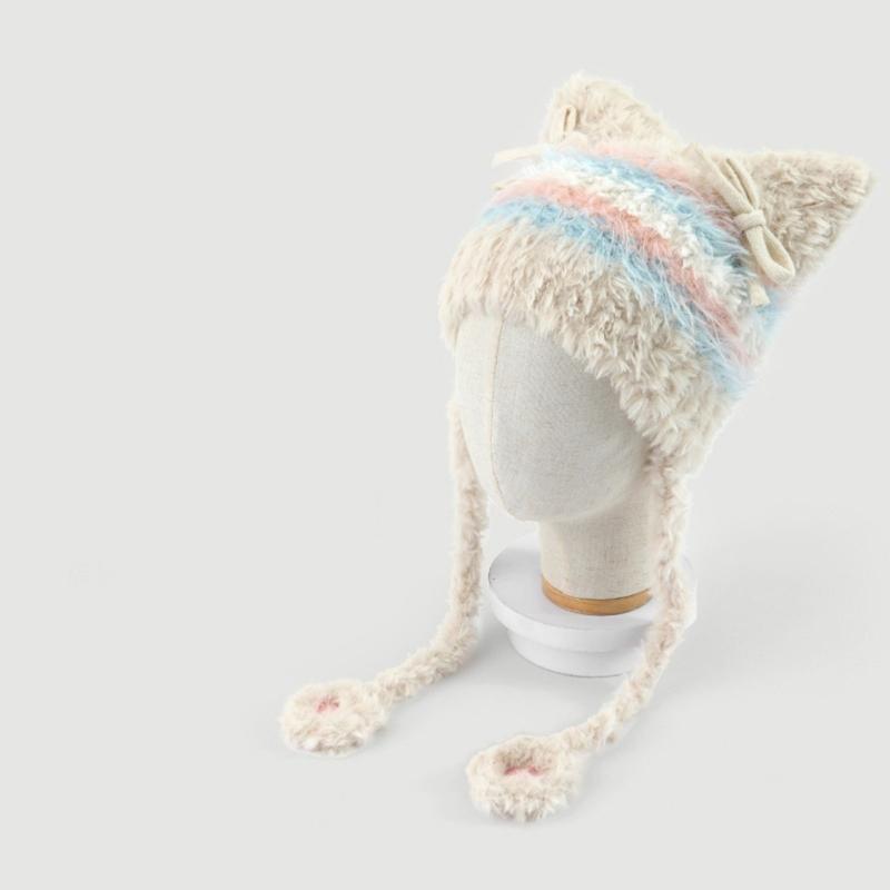Couvre-tête de dessin animé poilu avec oreille pour sports de plein air Chapeau rayé avec oreille Couvre-chef surdimensionné Chapeau pour l'hiver