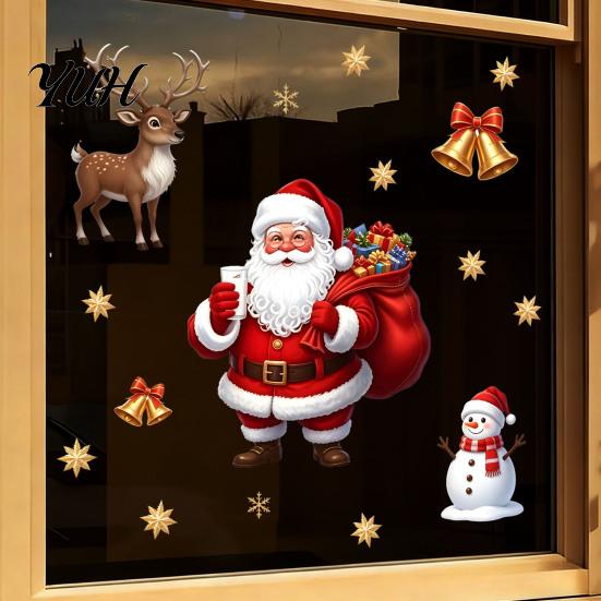 Elk Pattern Wall Decals Christmas Window Static Clings, PVC Santa Claus Snowman And Decorative Gifts Decals, Waterproof Reusable Glass Stickers