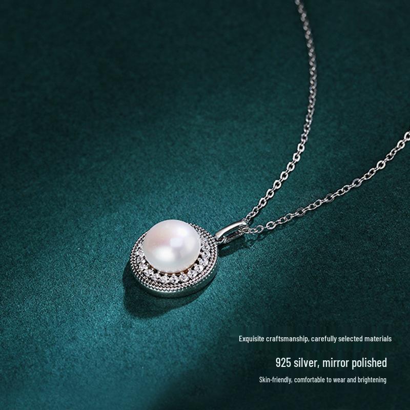 Retro Luxury Freshwater Pearl Necklace for Women - S925 Sterling Silver, Full Diamond Pendant & Clavicle Chain