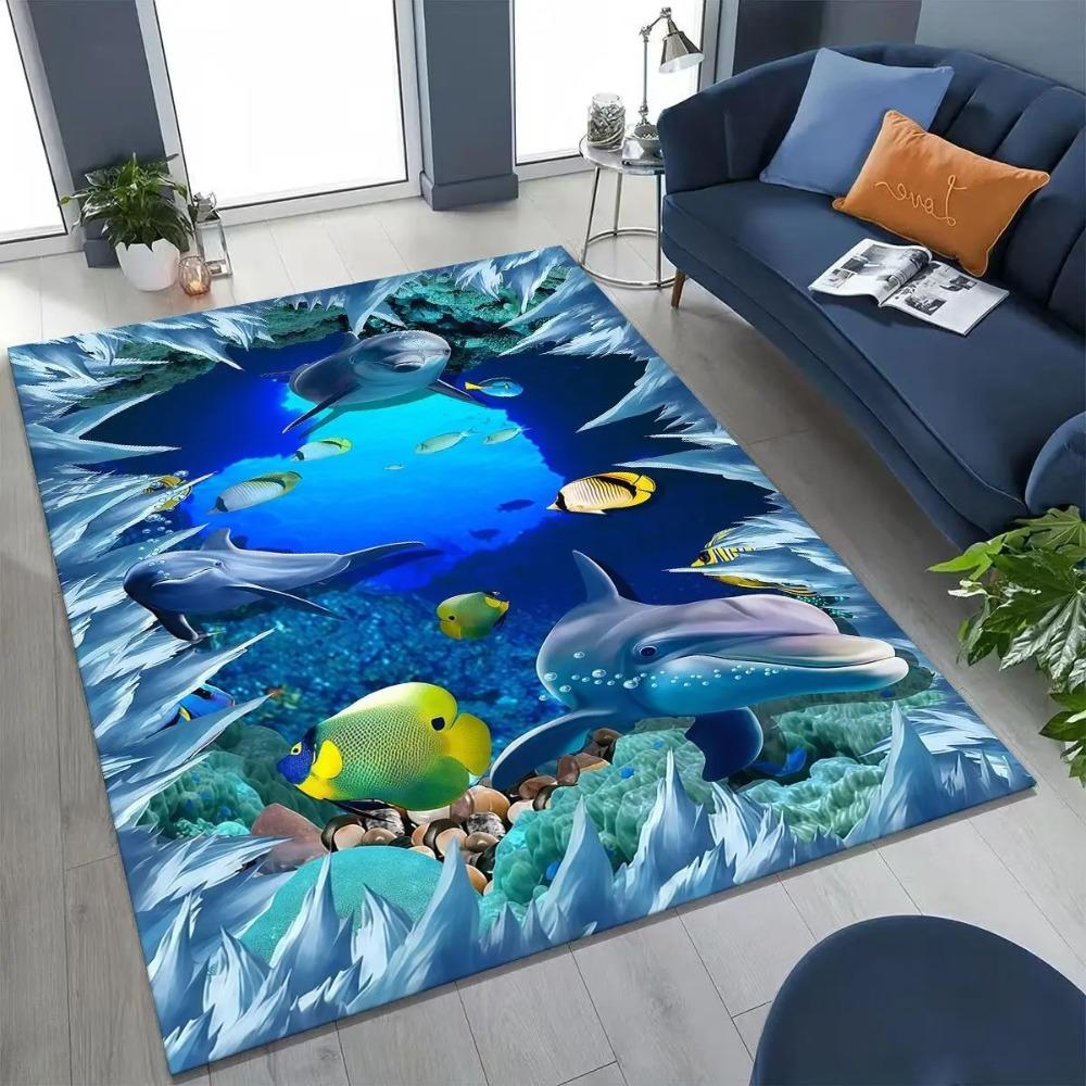 3D Dinosaur Ocean Carpet Mat Rug Illusion Effect Home Decoration Non-slip Kids Room Visual Impact Floor Mat with Dolphin Design
