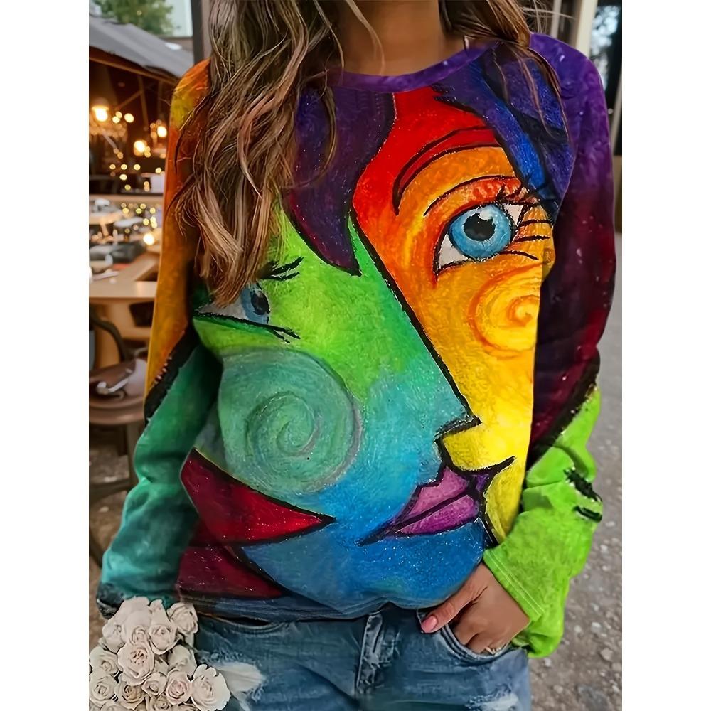 Vibrant Versatility, Elegant Plus Size Women's T-Shirt with Unique Abstract Print Crew Neck, Long Sleeve Perfect Spring