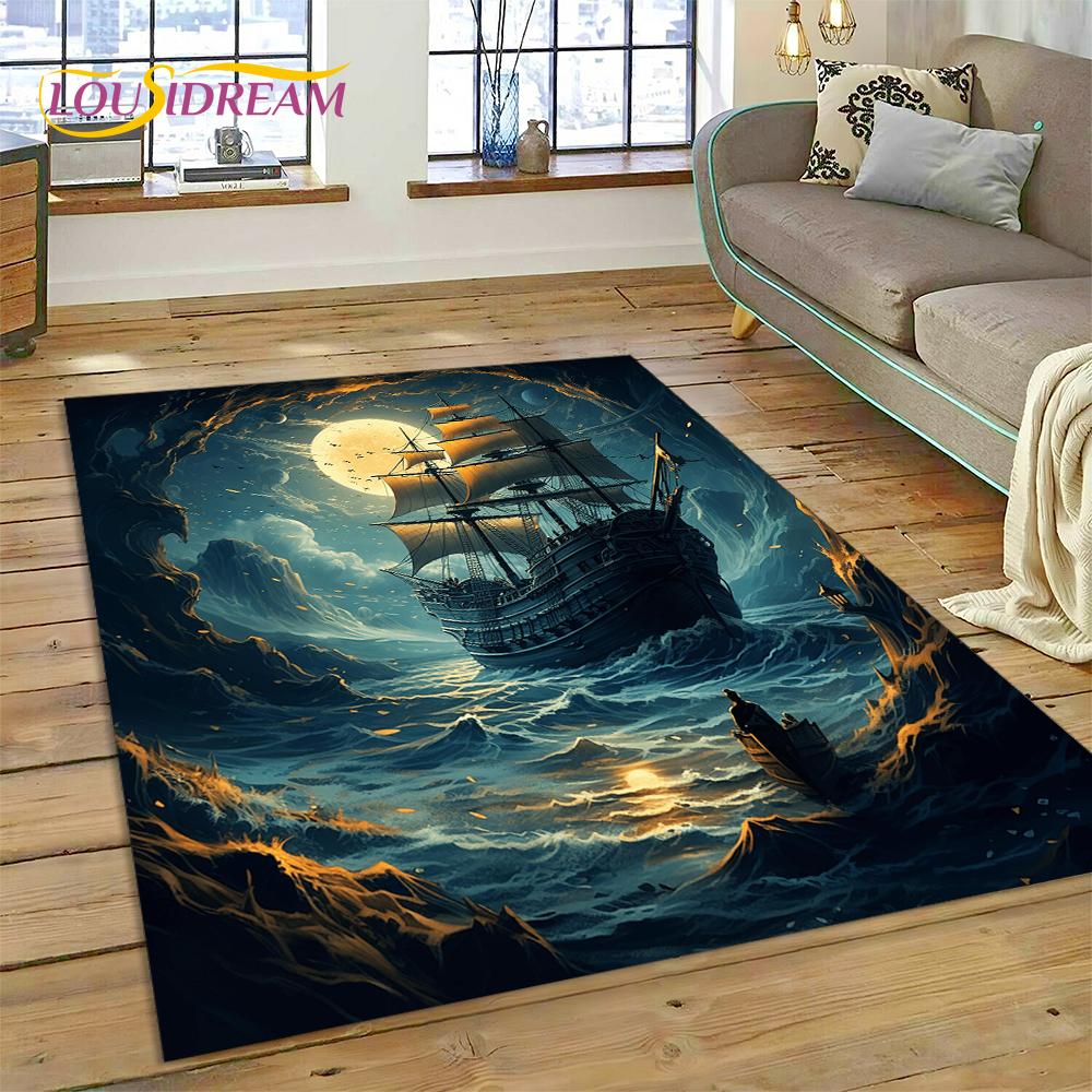 Ancient Pirate Ship Boat,Barque,Sailboa Rug Carpet for Living Room Bedroom Decor,Floor Mat Non-slip Decoration for Sofa Doormat