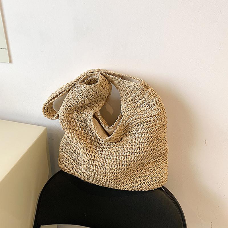 

Летняя соломенная сумка большой вместимости, тканая сумка на плечо ручной работы, праздничные приморские пляжные сумки, повседневная пригородная сумка, новая сумка-тоут 33*11*27cm бежевый