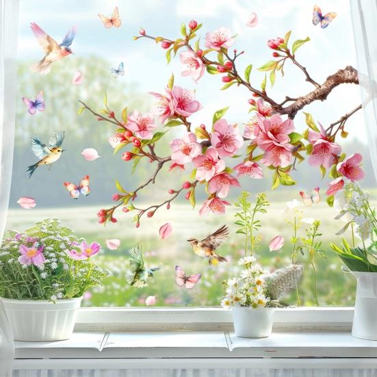 Cherry Blossom Flower Window Clings Floral Branch Butterfly Birds Window Decal Static Glass Doors