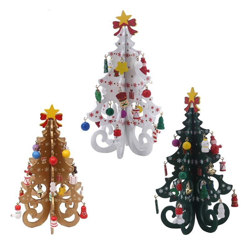 Handmade Stereo Wooden Christmas Tree White/Green/Gold Christmas Tree Children's Layout Christmas Decorations Ornaments