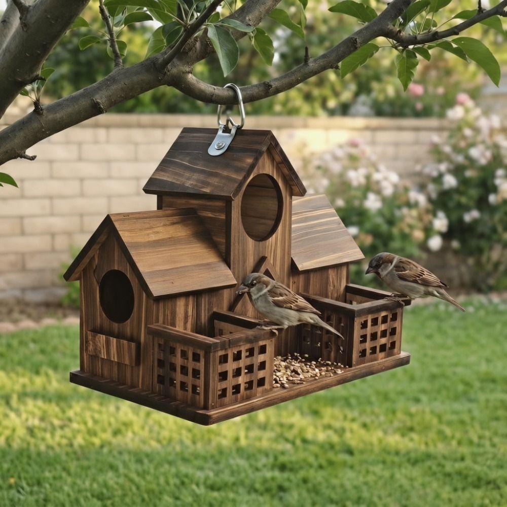 Waterproof Wooden Bird House Rustic Style Multiple Holes Bird Nesting Box Durable Hanging Bird Feeder Outdoor Garden