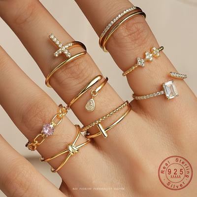 925 Sterling Silver Geometric Water Droplet Zircon Open Ring for Women Fashionable Exquisite Jewelry Gifts