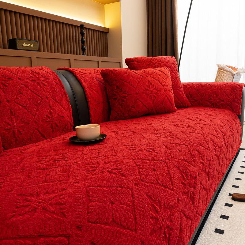 Retro High-End Straight Row Sofa Cushion Autumn And Winter Plush Leather Sofa Warm Seat Cushion Fixed Non-Slip Cover Cover Cloth