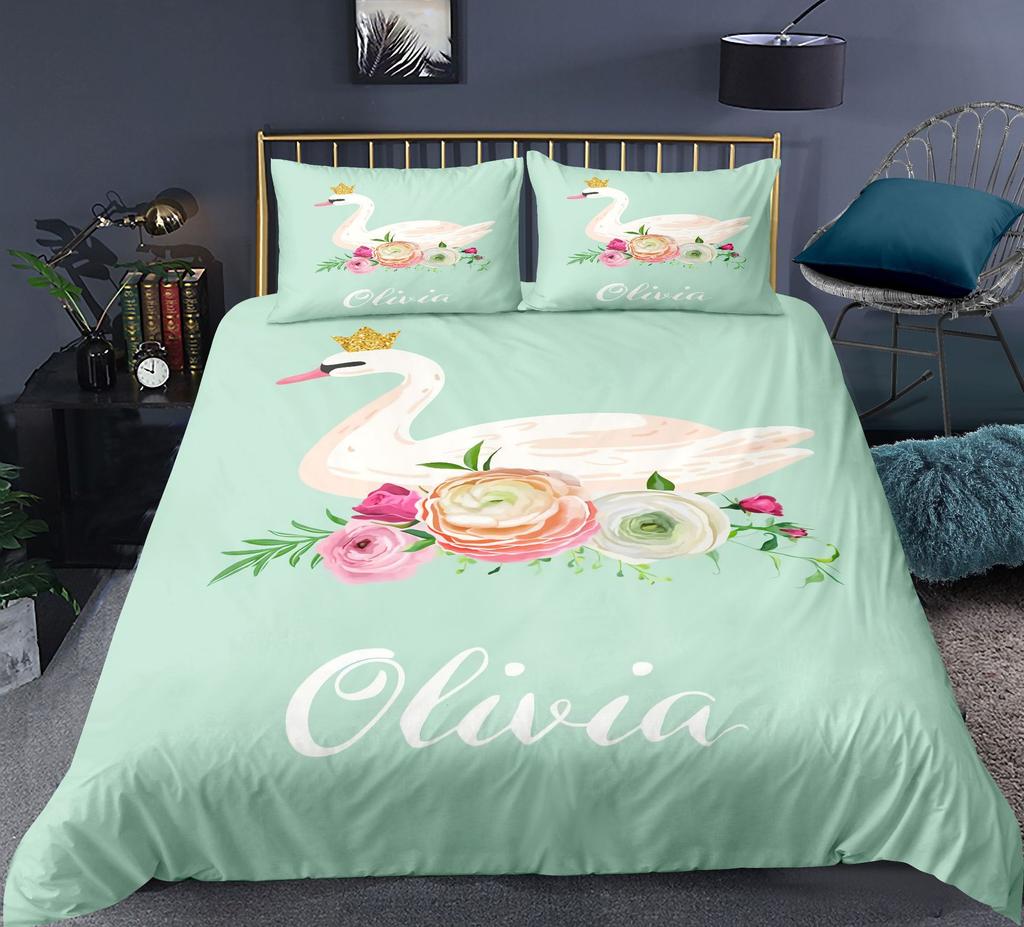 Swan Duvet Cover Set Rose Crown Comforter Cover Polyester Bedding Set Sweet Girl Romantic Quilt Cover Pink Red King Twin Size