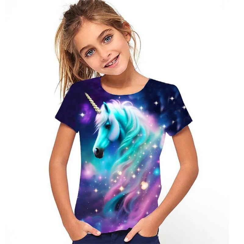 New 3D Horse Print T-Shirt Summer Short Sleeve Tops Fashion Floral Graphic T-Shirts Children Casual Clothes T-Shirts Girls Tops
