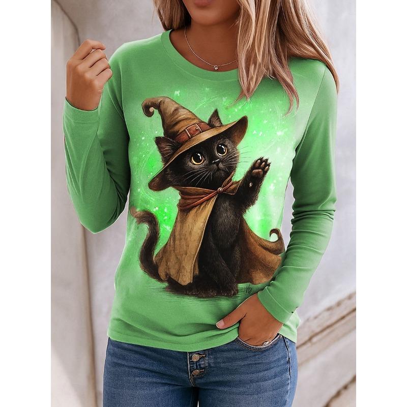 Fashion Women Long Sleeve Tops Casual Graphic 2025 Halloween Cat Tee Shirt Blouse Crewneck Fall Winter Streetwear Style Pullover