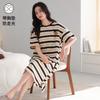 With Chest Pad~ Casual Nightdress Women's Summer Thin Cotton Short-sleeved Striped Medium and Long Dress Large Size Loungewear 55kg