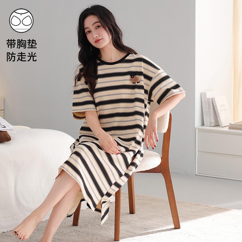 With Chest Pad~ Casual Nightdress Women's Summer Thin Cotton Short-sleeved Striped Medium and Long Dress Large Size Loungewear 55kg
