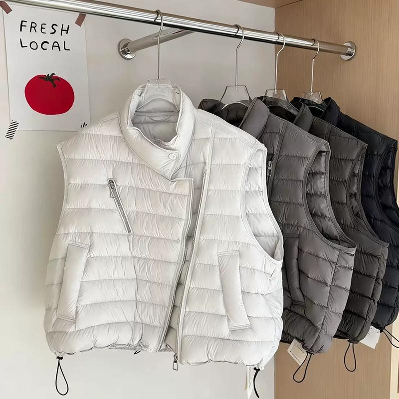 American retro large version white duck down down vest women, winter fashion design sense oblique zipper ribs vest