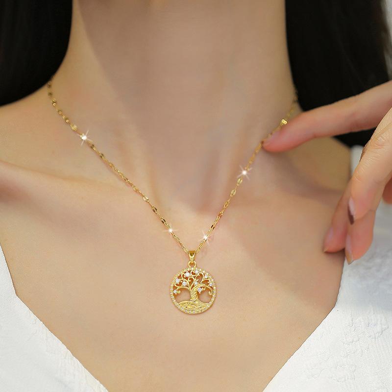 Tree Of Life Light Luxury Temperament Gorgeous Full Diamond Necklace Female Versatile Clavicle Chain Titanium Steel Chain