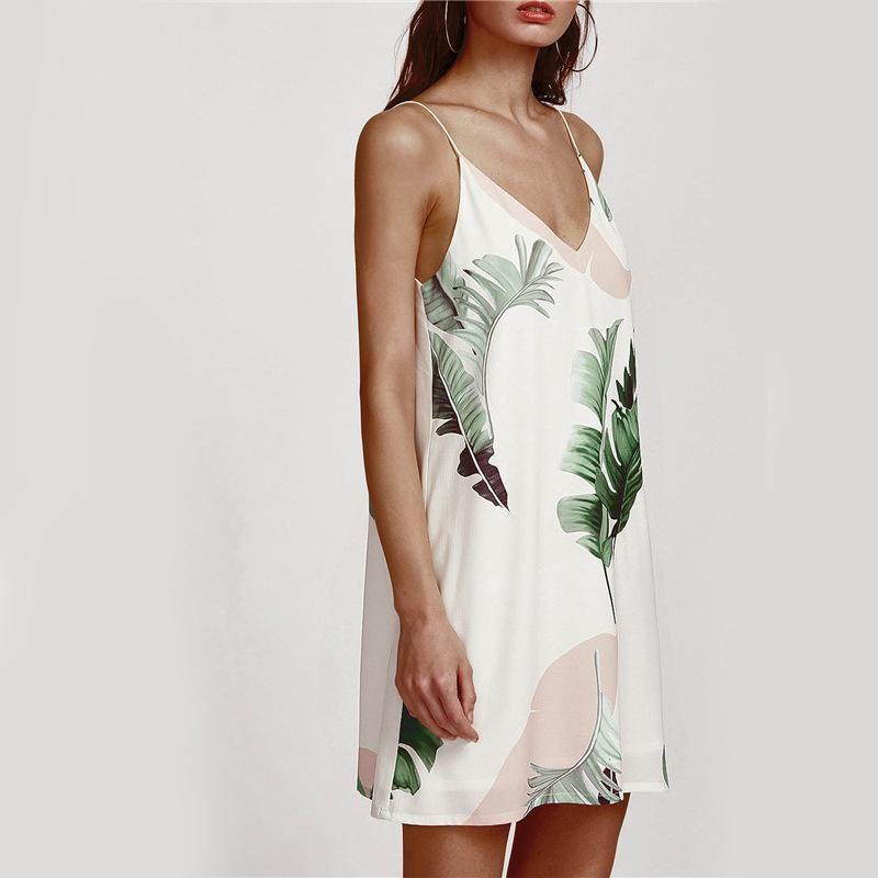 Sidefeel Women V Neck Halter Tropical Plants Printed Casual Dress For Elegant Summer Occasions