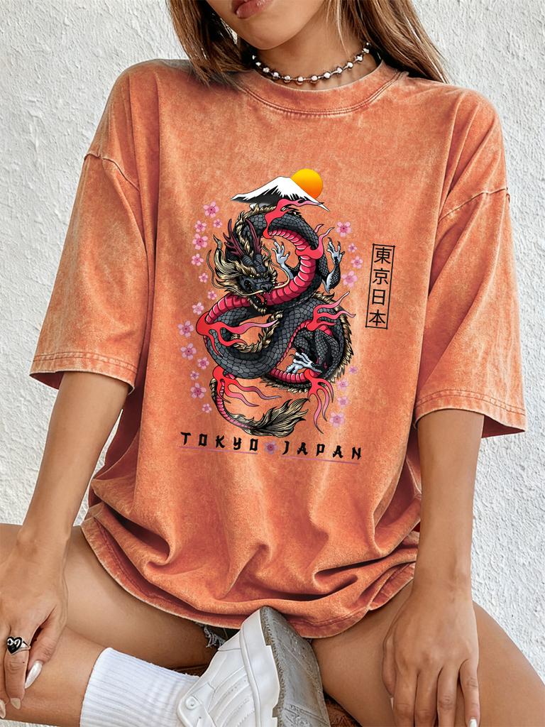 Tokyo Japan Dragon Cotton Washed TShirts Womens Summer Oversized Tops ONeck Comfortable Short Sleeve T Shirt Basic Clothes