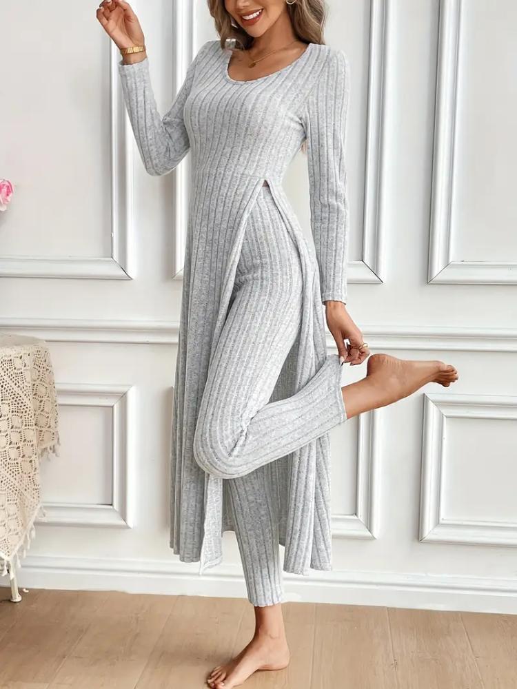 Zweiteiliges Set aus geripptem Langarm-Oberteil und Hose für Damen