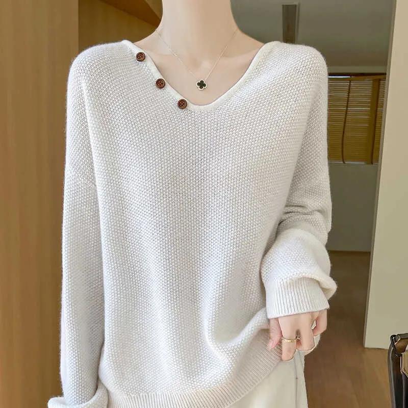 Autumn  Winter Fashion Sweater for Women V-neck Button Loose Lazy Style Versatile Base Shirt