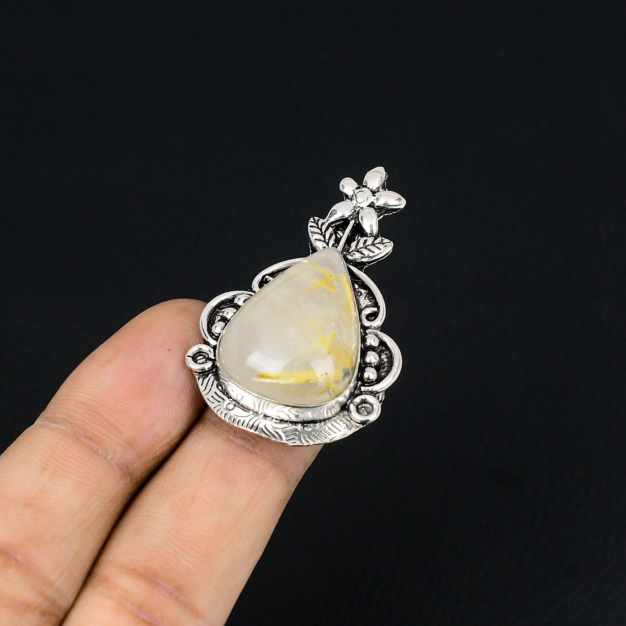 Pear Golden Rutile Gemstone Statement Flower Ring Jewelry Size 7 Sterling Silver 7