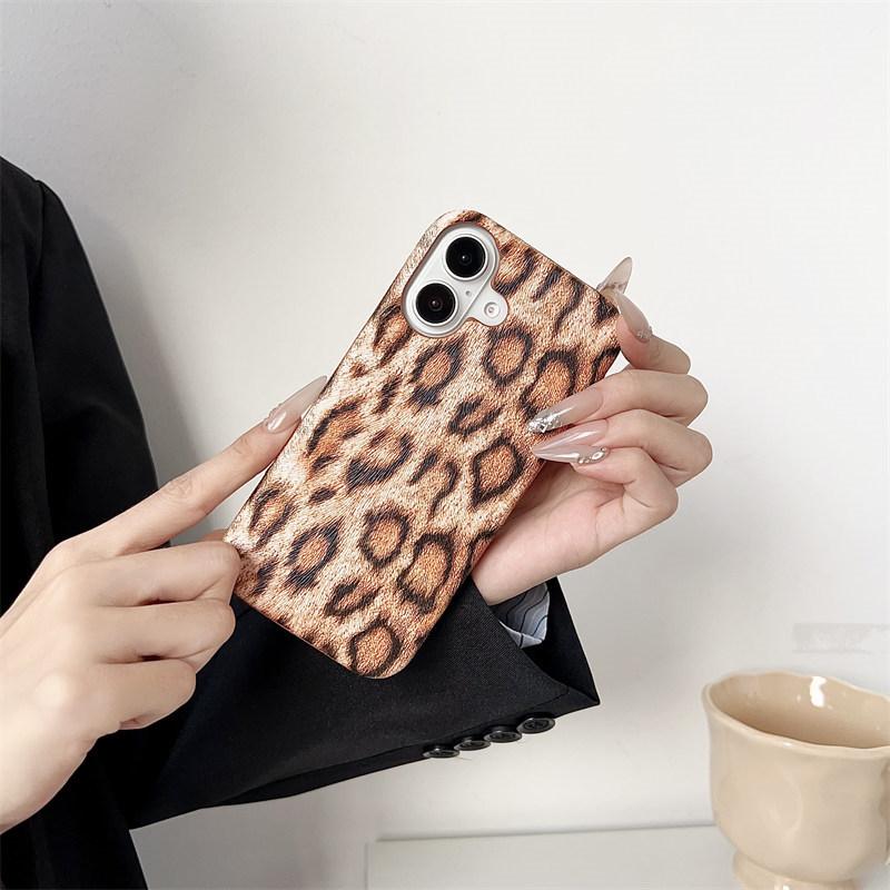Sexigt läder leopardtryck halvskal för iPhone 16 Pro Max 15 14 Plus 13 12 Pro 11 fallskyddsskydd