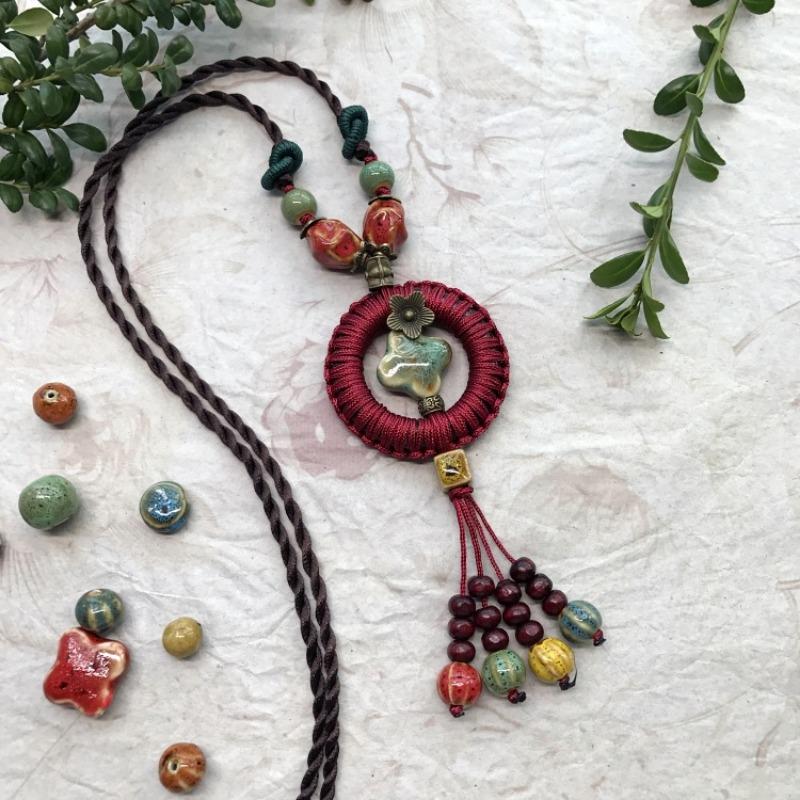 New Forest handmade ceramic necklace, women's retro versatile sweater chain simple long accessories pendant