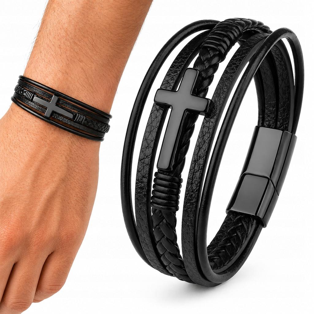 Men' Black Braided Leather Bracelet with Diamond Cross