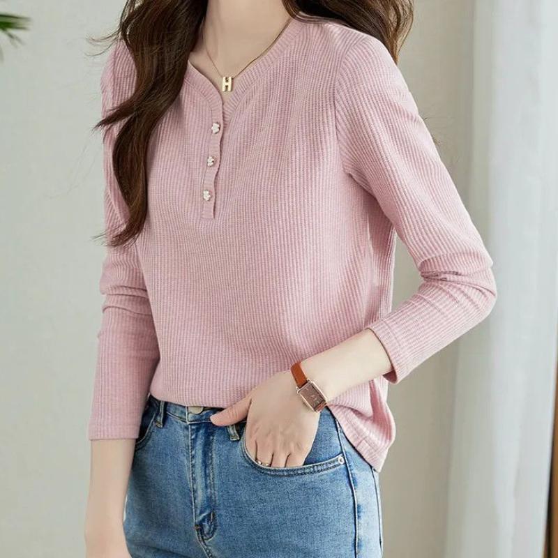 Spring and Autumn Solid Color T-shirt for Women's Autumn Style Long Sleeve Base Thin Velvet Slim Fit V-neck Top